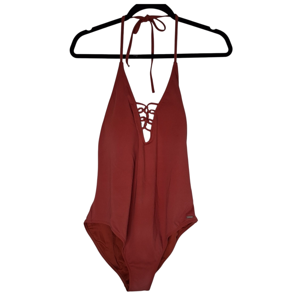 Chic Rust Lace-Up One Piece Swimsuit